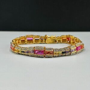 UTC Sterling Silver Tennis Bracelet Gold Tone Rainbow Multicolor CZ 7.5 Inch